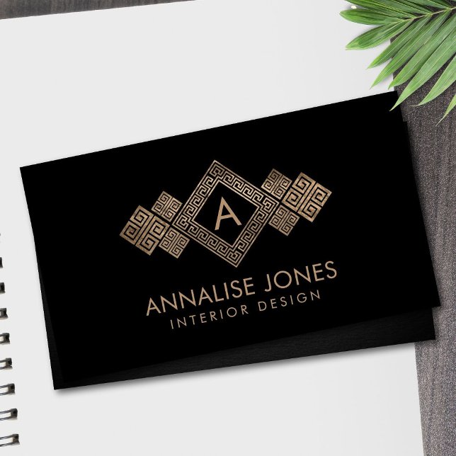 Greek Key Meander Monogram Gold on Black Business Card (Creator Uploaded)