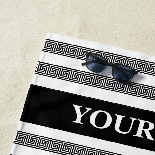 Greek key meander pattern personalised beach towel (In Situ)