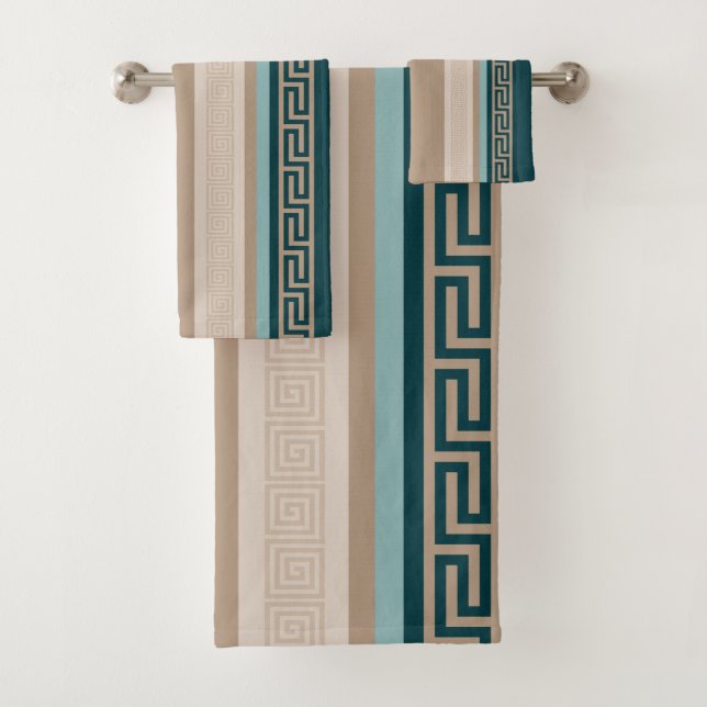 Greek Key - Meander - Taupe and Green Bath Towel Set (Insitu)