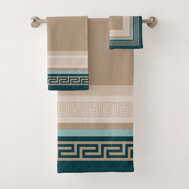 Greek Key - Meander - Taupe and Green Bath Towel Set (Insitu)