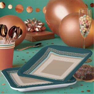 Greek Key - Meander - Taupe and Green Paper Plate