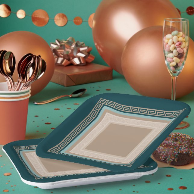 Greek Key - Meander - Taupe and Green Paper Plate (Multi)