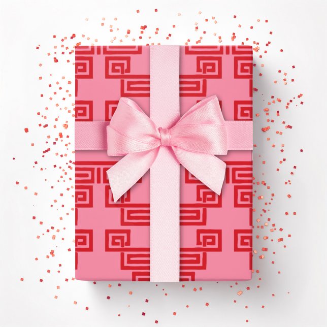Greek Key Meander Tier in Pink and Red Wrapping Paper (Creator Uploaded)