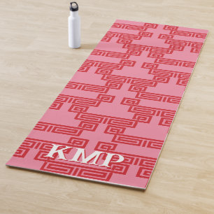 Greek Key Meander Tier in Pink + Red Personalised Yoga Mat