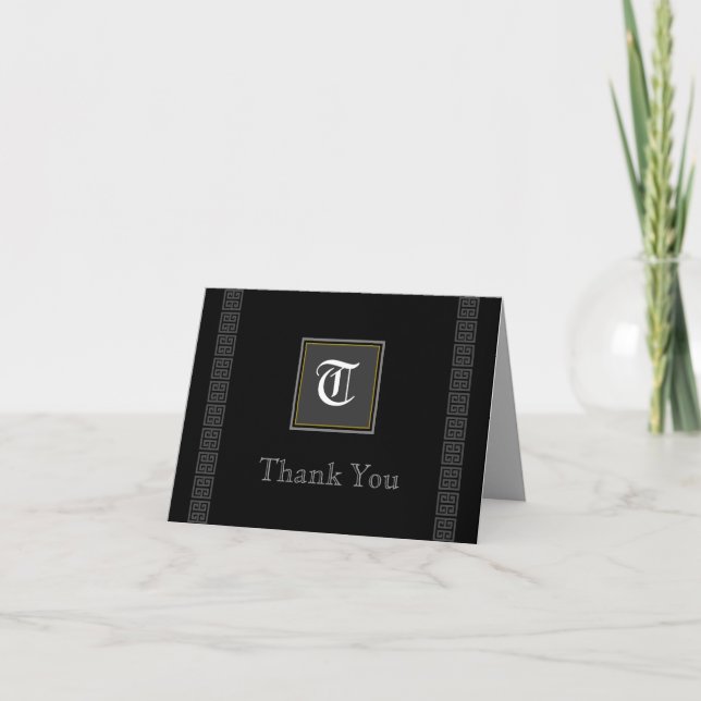Greek Key Monogram: Grey Thank You Card (Front)
