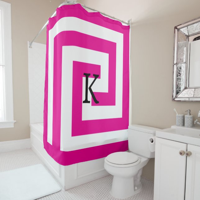 Greek Key Monograms Hot Pink Black White Patterns Shower Curtain (In Situ)
