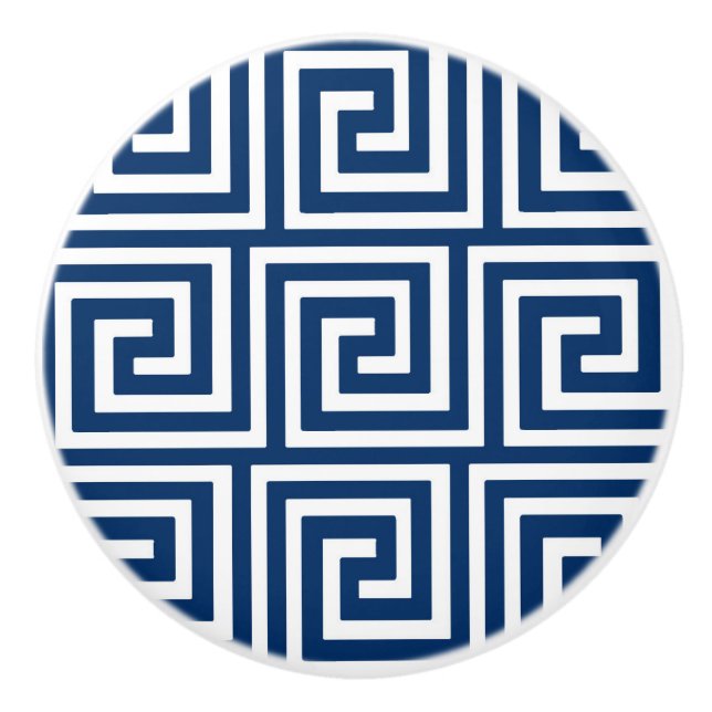 Greek Key, navy blue and white Ceramic Knob (Front)