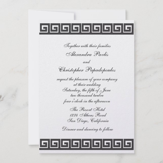Greek Key On Metallic Ice Wedding Invitation (Front)