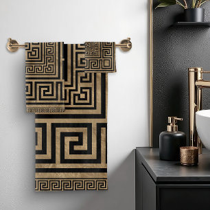 Greek Key Ornament - Greek Meander -Black on gold Bath Towel Set