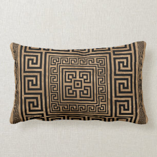 Greek Key Ornament - Greek Meander -Black on gold Lumbar Cushion