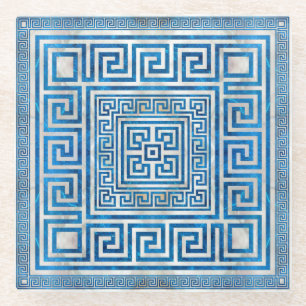 Greek Key Ornament - Greek Meander - Blue Marble Glass Coaster