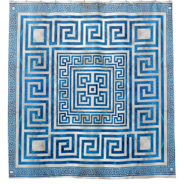 Greek Key Ornament - Greek Meander - Blue Marble Shower Curtain (Front)