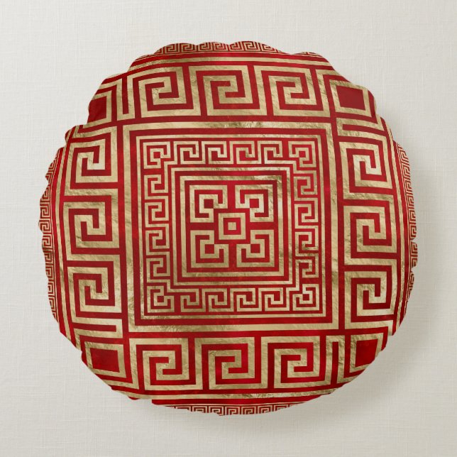 Greek Key Ornament - Greek Meander - Deep Red Round Cushion (Front)