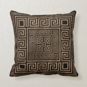 Greek Key Ornament - Greek Meander -Gold on Black Cushion