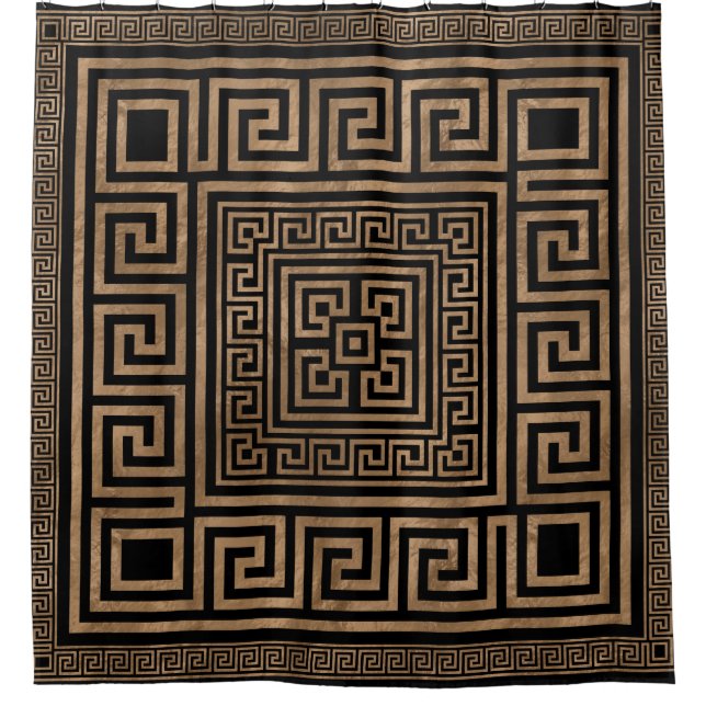 Greek Key Ornament - Greek Meander -Gold on Black Shower Curtain (Front)