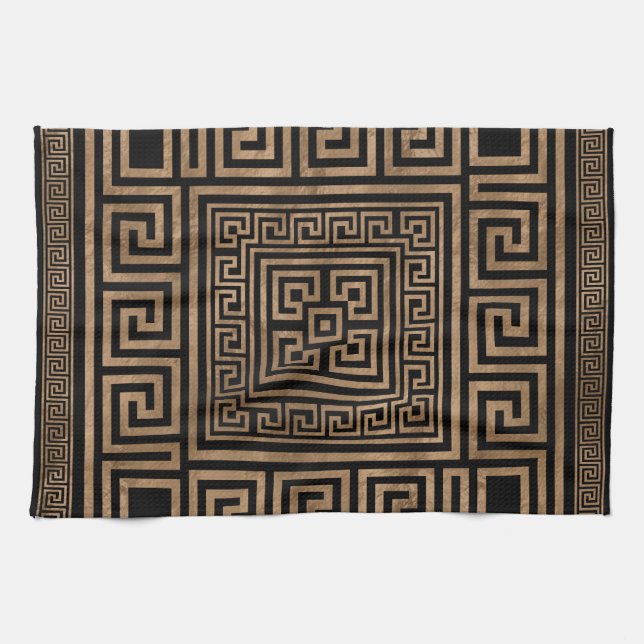 Greek Key Ornament - Greek Meander -Gold on Black Tea Towel (Horizontal)