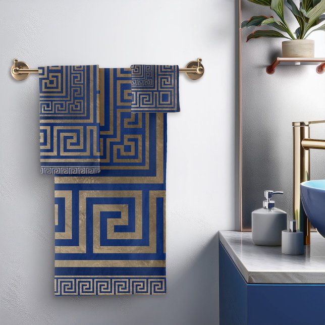Greek Key Ornament - Greek Meander -gold on blue Bath Towel Set (Creator Uploaded)