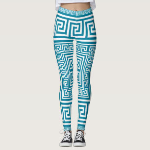 Greek Key Ornament - White on teal Leggings