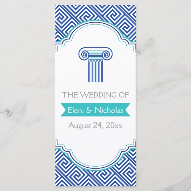 Greek key pattern and blue column wedding program programme (Front)