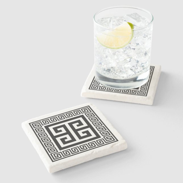 Greek Key Pattern Black Design Stone Coaster (Side)