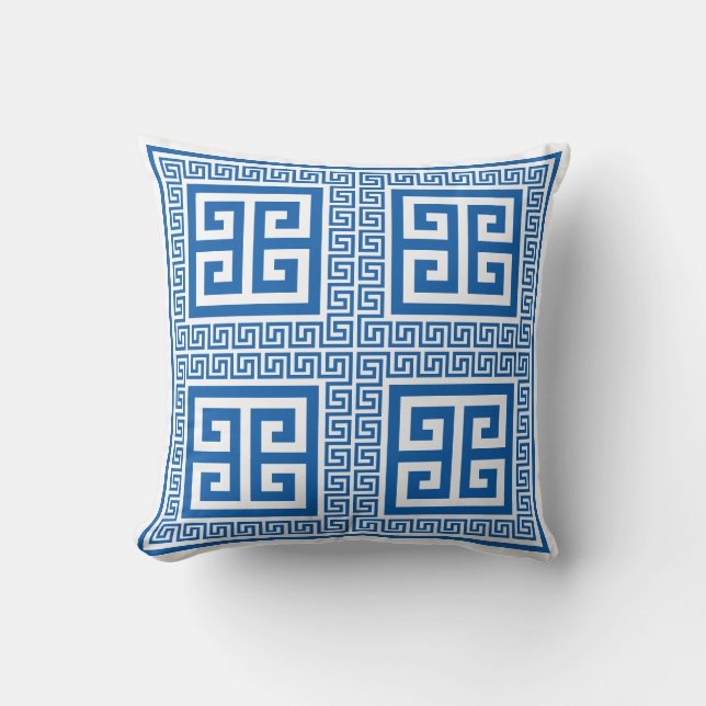 Greek Key Pattern Blue And White Cushion (Front)