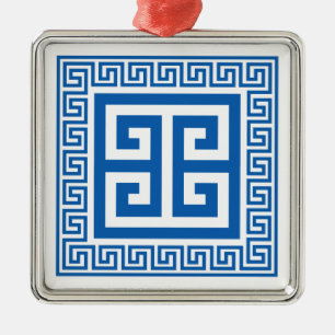 Greek Key Pattern Blue And White Metal Ornament