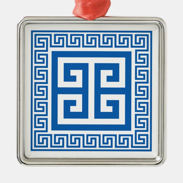 Greek Key Pattern Blue And White Metal Ornament (Front)
