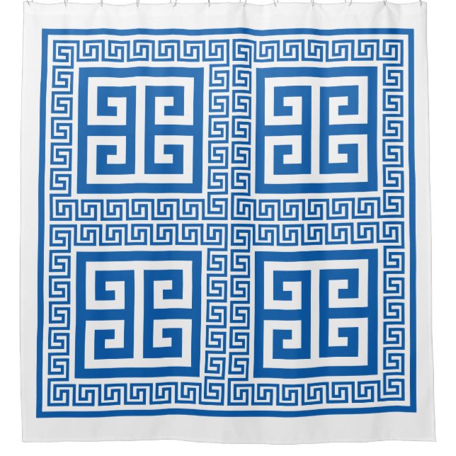 Greek Key Pattern Blue And White Shower Curtain (Front)