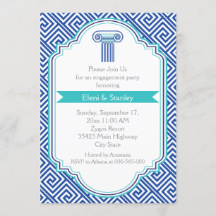 Greek key pattern & blue column engagement party invitation