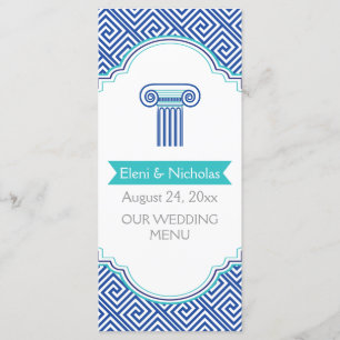Greek key pattern & blue column wedding menu card