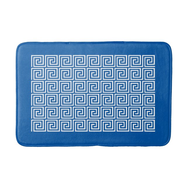Greek Key Pattern, Cerulean Blue and White Bath Mat (Front)