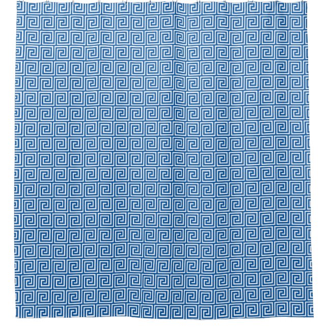 Greek Key Pattern, Cerulean Blue and White Shower  Curtain (Front)