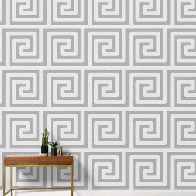Greek Key Pattern Simple Minimalist Modern Grey Wallpaper (Hallway)