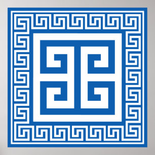 Greek Key Pattern White And Blue Design Poster