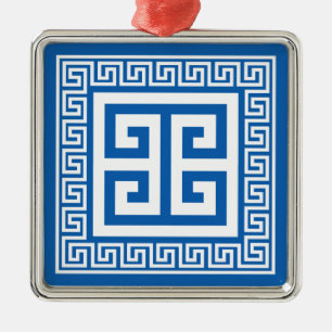 Greek Key Pattern White And Blue Metal Ornament