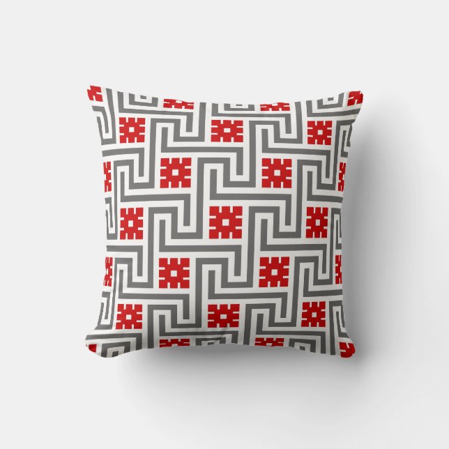 Greek Key, Red, White and Grey / Grey  Cushion (Front)