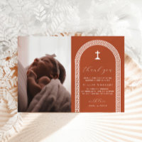Greek Key Terracotta Photo Baptism Thank You Card