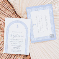Greek Key White Blue Baptism Invitation Postcard