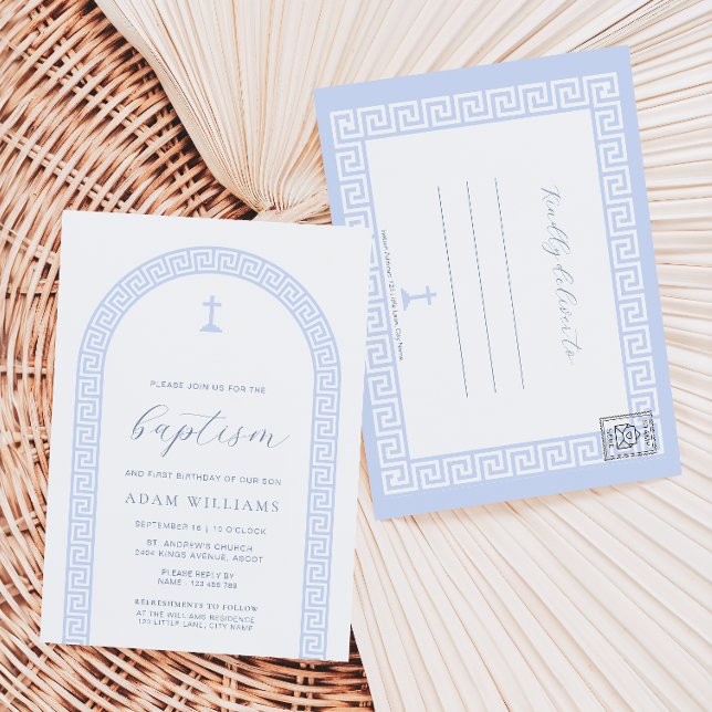 Greek Key White Blue Baptism Invitation Postcard (Baptism Invitation Postcard Greek Key White Blue )