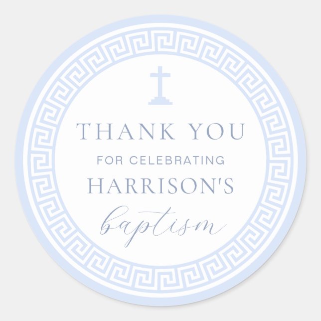 Greek Key White Blue Baptism Thank You Classic Round Sticker (Front)