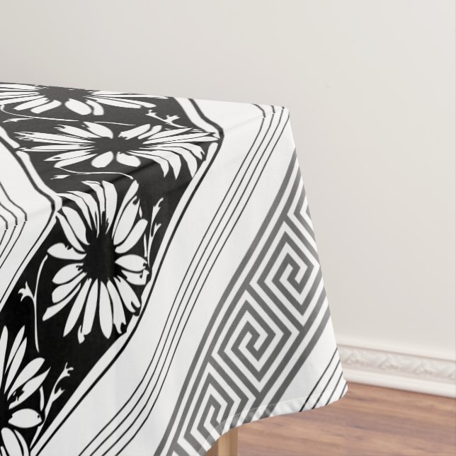 Greek Keys and Daisies Black and White Tablecloth (In Situ)