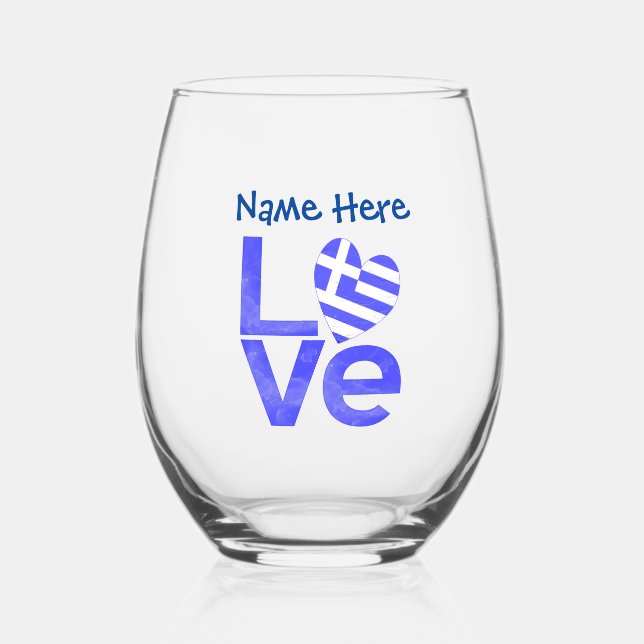 Greek LOVE Blue Personalised Stemless Wine Glass (Front)