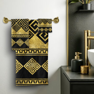 Greek Meander - Greek Key Black and gold Bath Towel Set