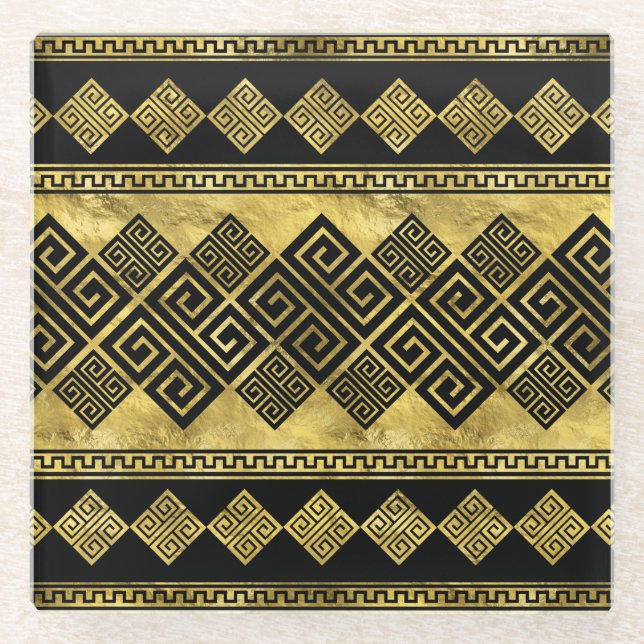 Greek Meander - Greek Key Black and gold Glass Coaster (Front)