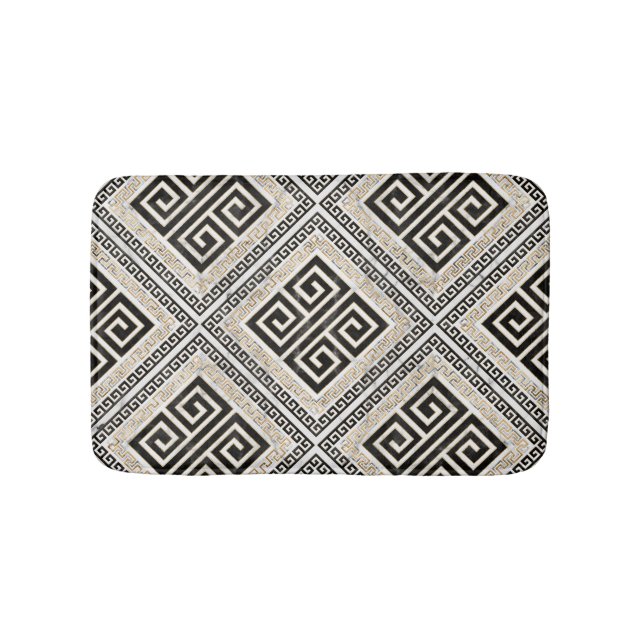 Greek Meander - Greek Key Black and White Marble Bath Mat (Front)