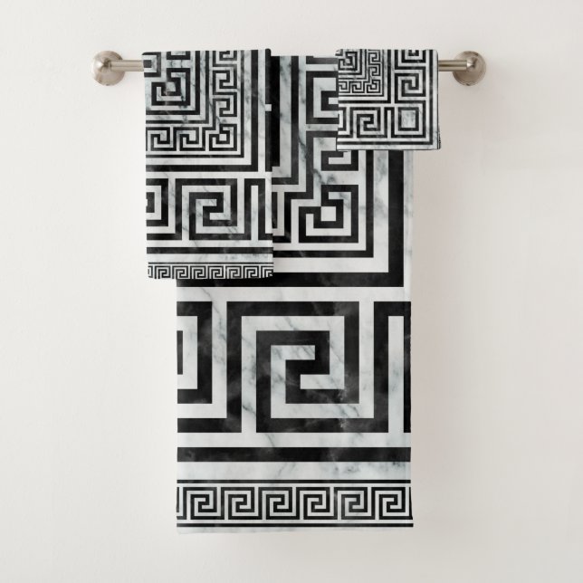 Greek Meander - Greek Key Black and White Marble Bath Towel Set (Insitu)
