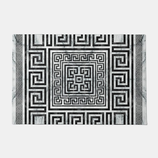 Greek Meander - Greek Key Black and White Marble Doormat (Front)