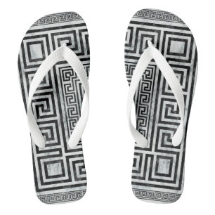 Greek Meander - Greek Key Black and White Marble Jandals