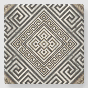 Greek Meander - Greek Key Black and White Marble Stone Coaster