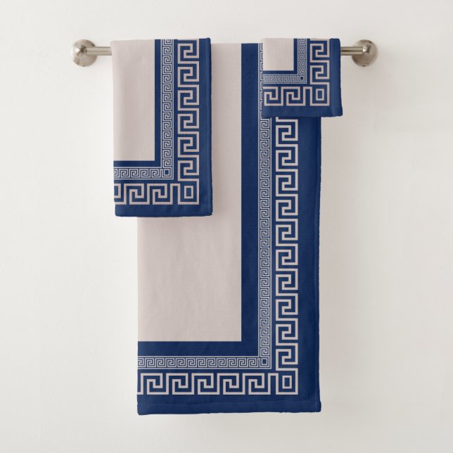 Greek Meander - Greek Key - Blue and beige Bath Towel Set (Insitu)